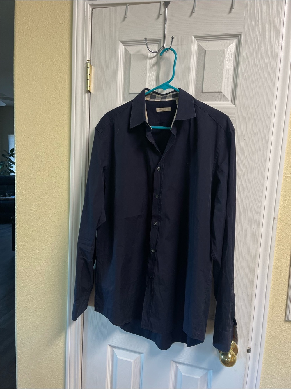 Burberry Men's Dark Navy Button-Up Dress Shirt with Authentication